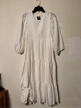 White Eyelet Midi Dress with Puff Sleeves